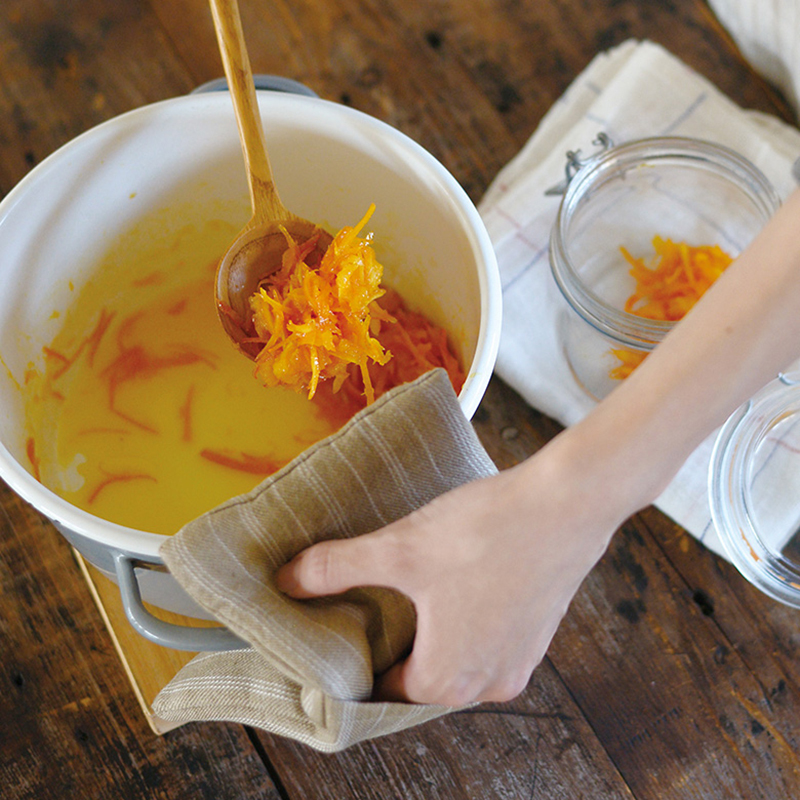 亞麻 烤箱手套/隔熱墊 條子杏色｜studio m'