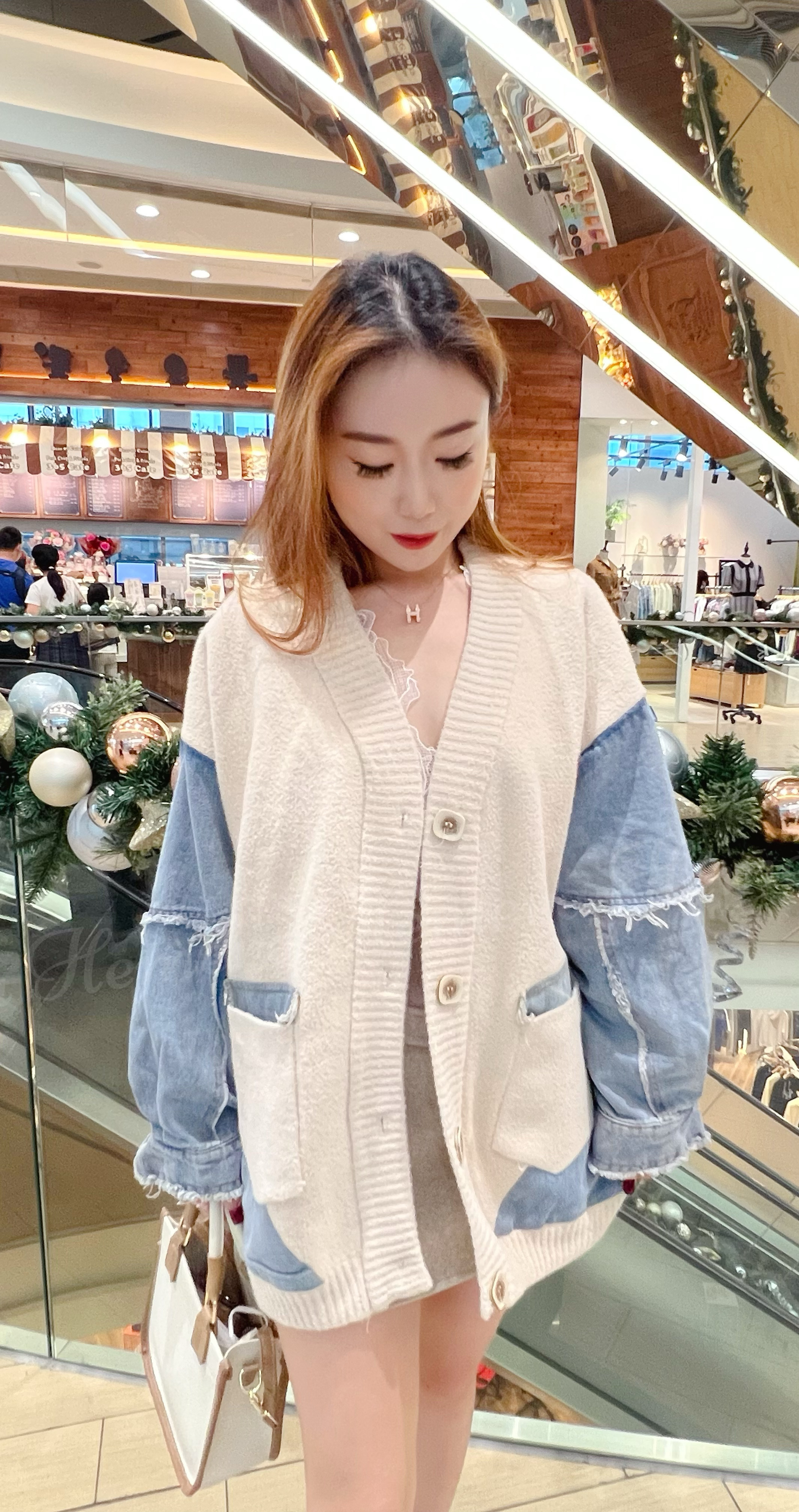 JK22W1222 超顯瘦冷衫拼牛仔布料休閒外套