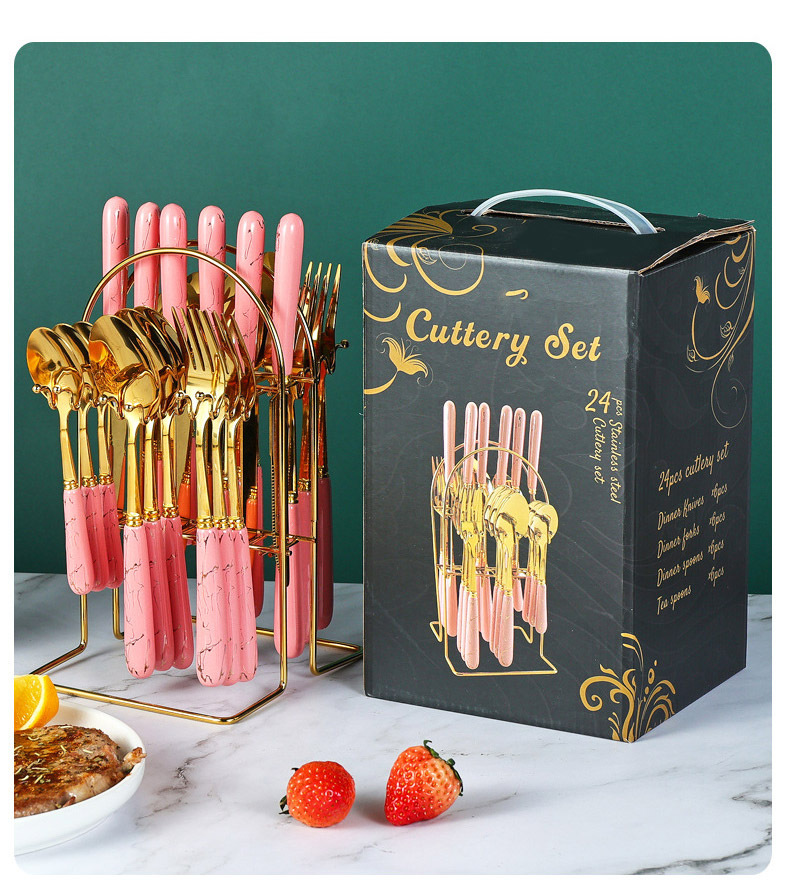 陶瓷柄不銹鋼餐具24件套刀叉勺西餐具套裝 送禮或自用尊貴禮盒裝