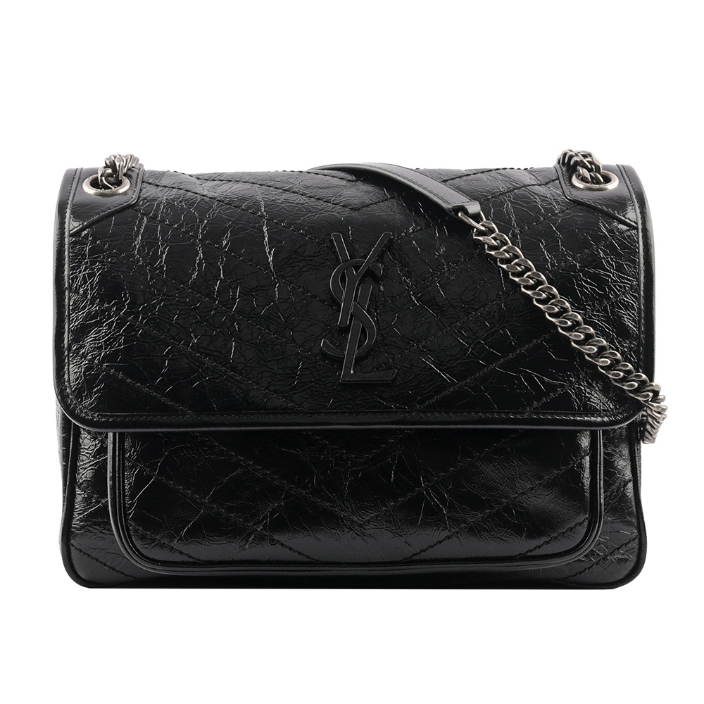 【YSL/ Saint Laurent Paris】小牛皮翻蓋NIKI包/郵差包/中款(28cm)(黑色)