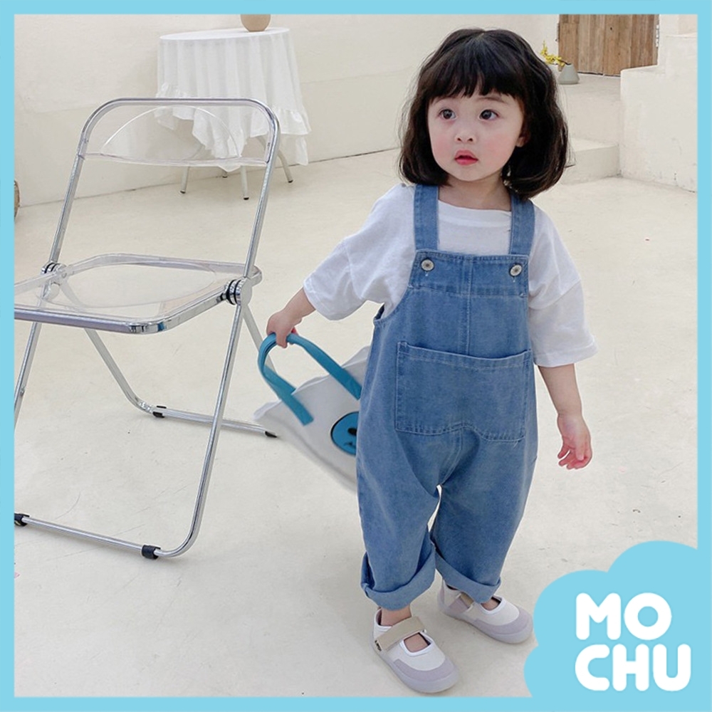 俏皮大口袋牛仔背帶褲