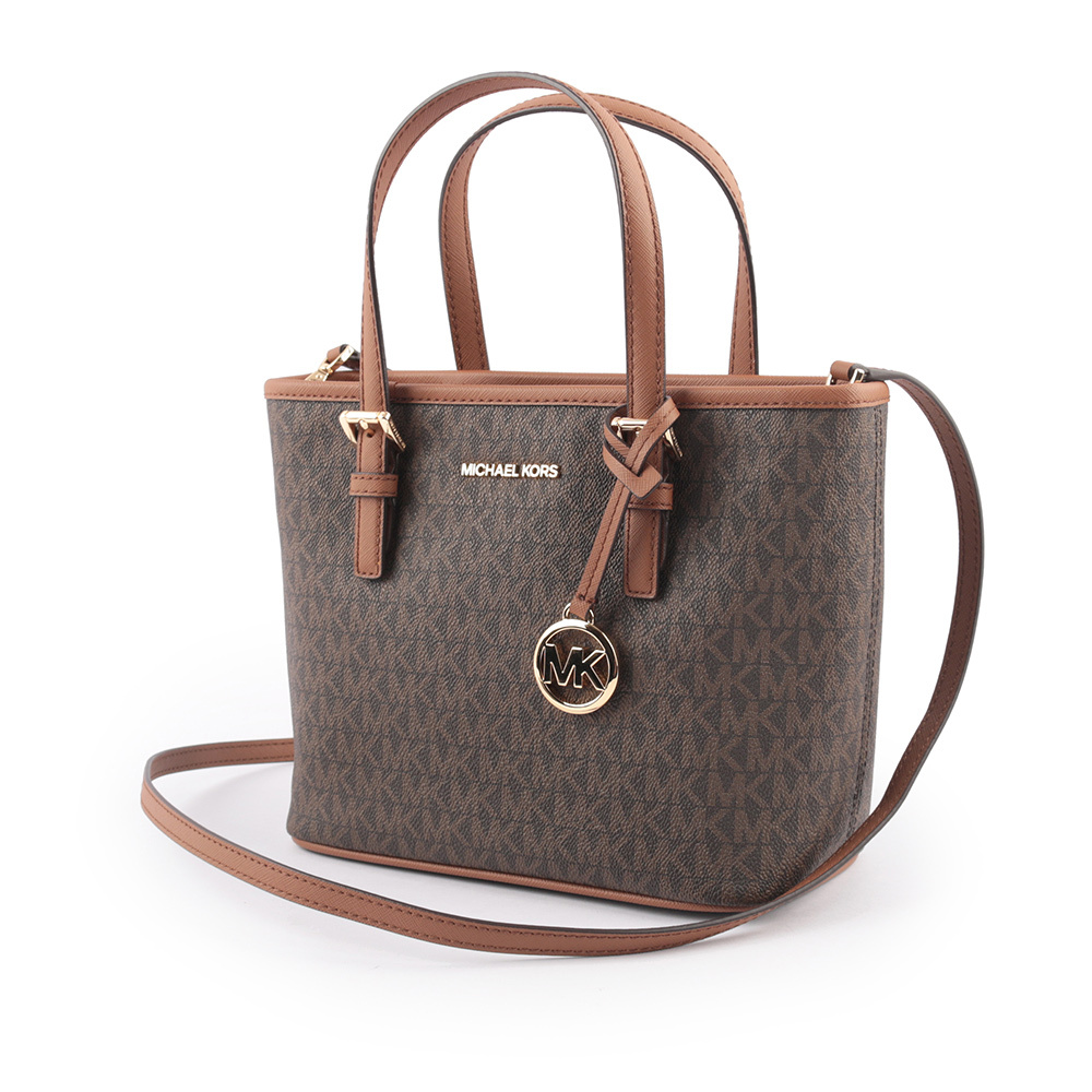 【Michael Kors】滿版圓形Logo 塗層帆布小款托特包(咖啡色)