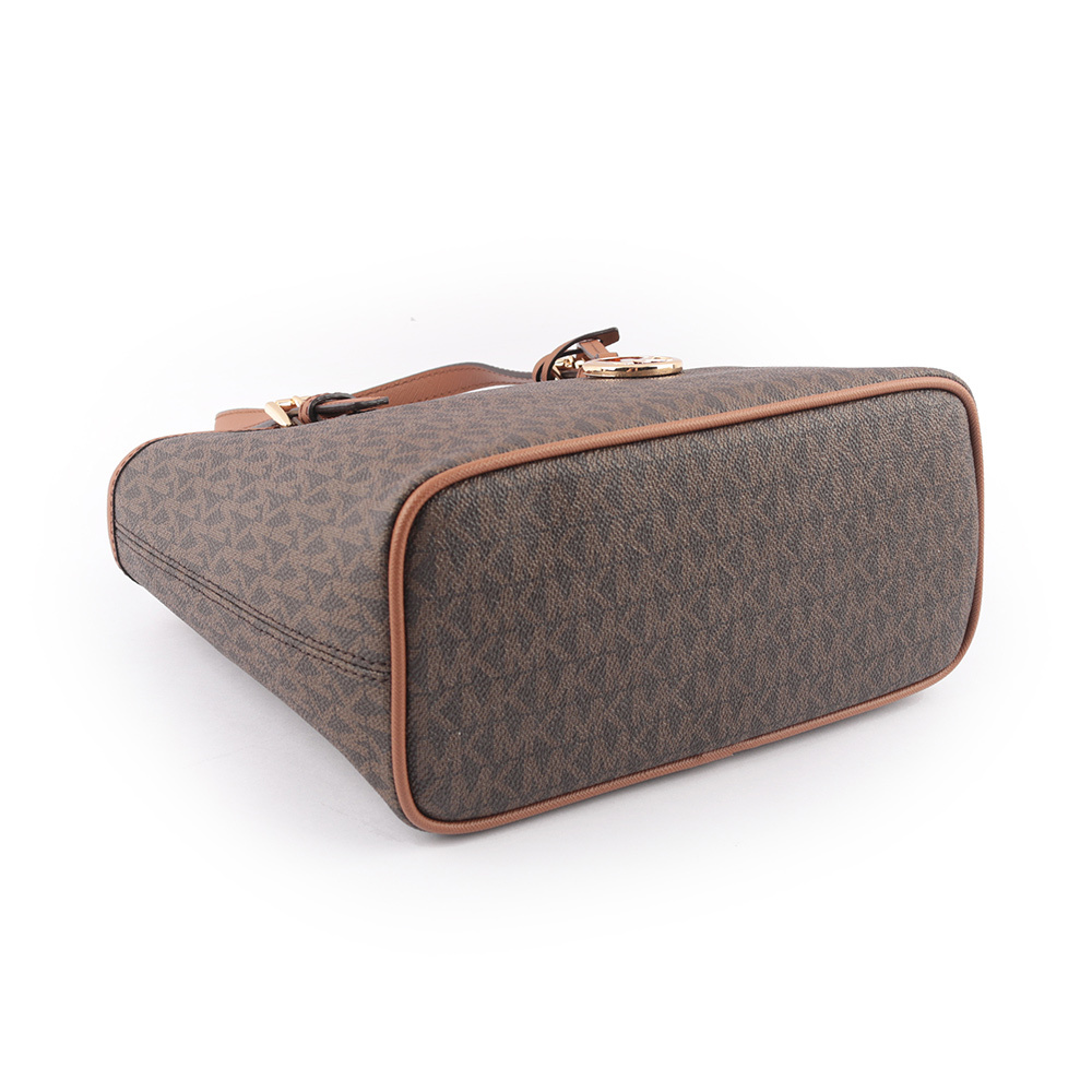 【Michael Kors】滿版圓形Logo 塗層帆布小款托特包(咖啡色)