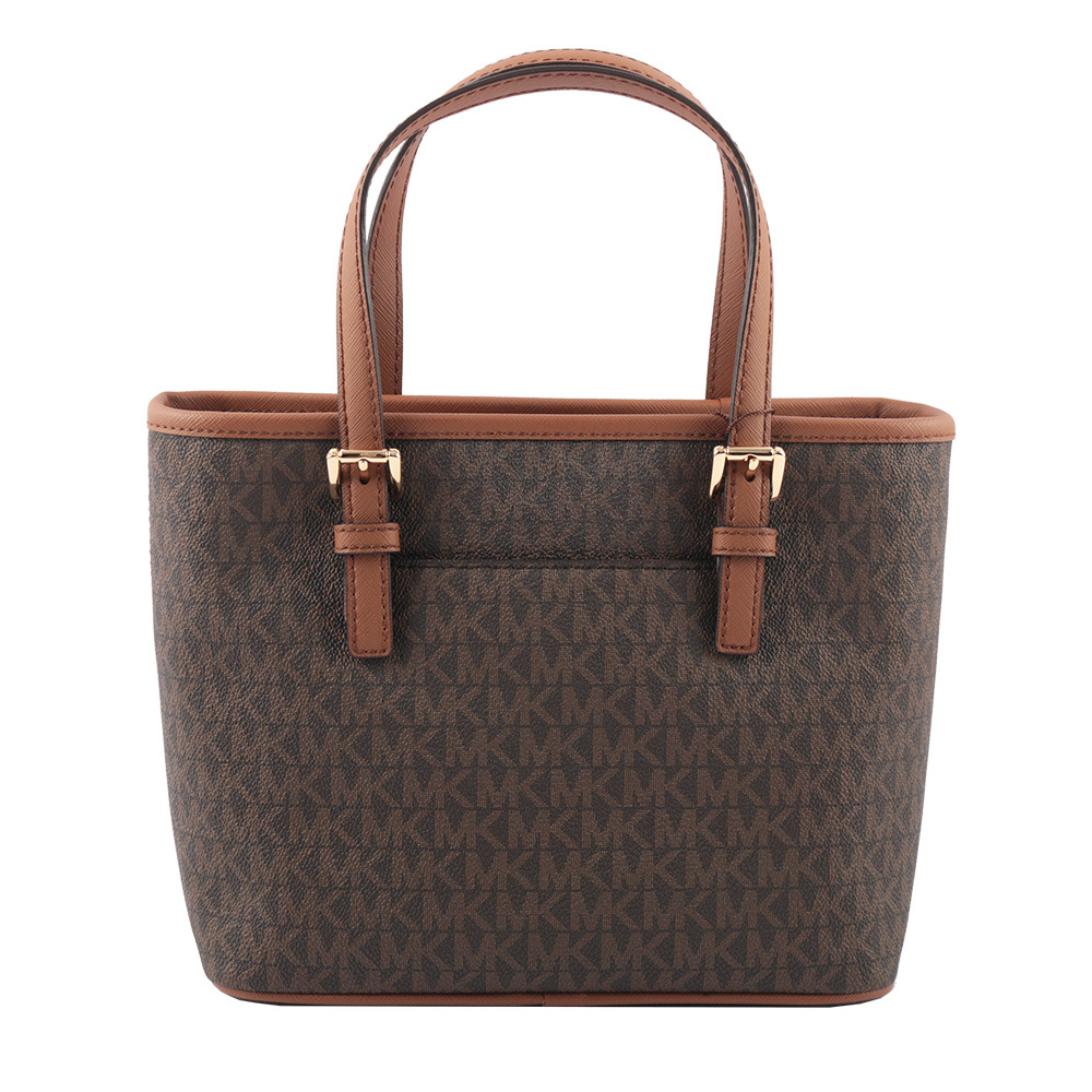 【Michael Kors】滿版圓形Logo 塗層帆布小款托特包(咖啡色)