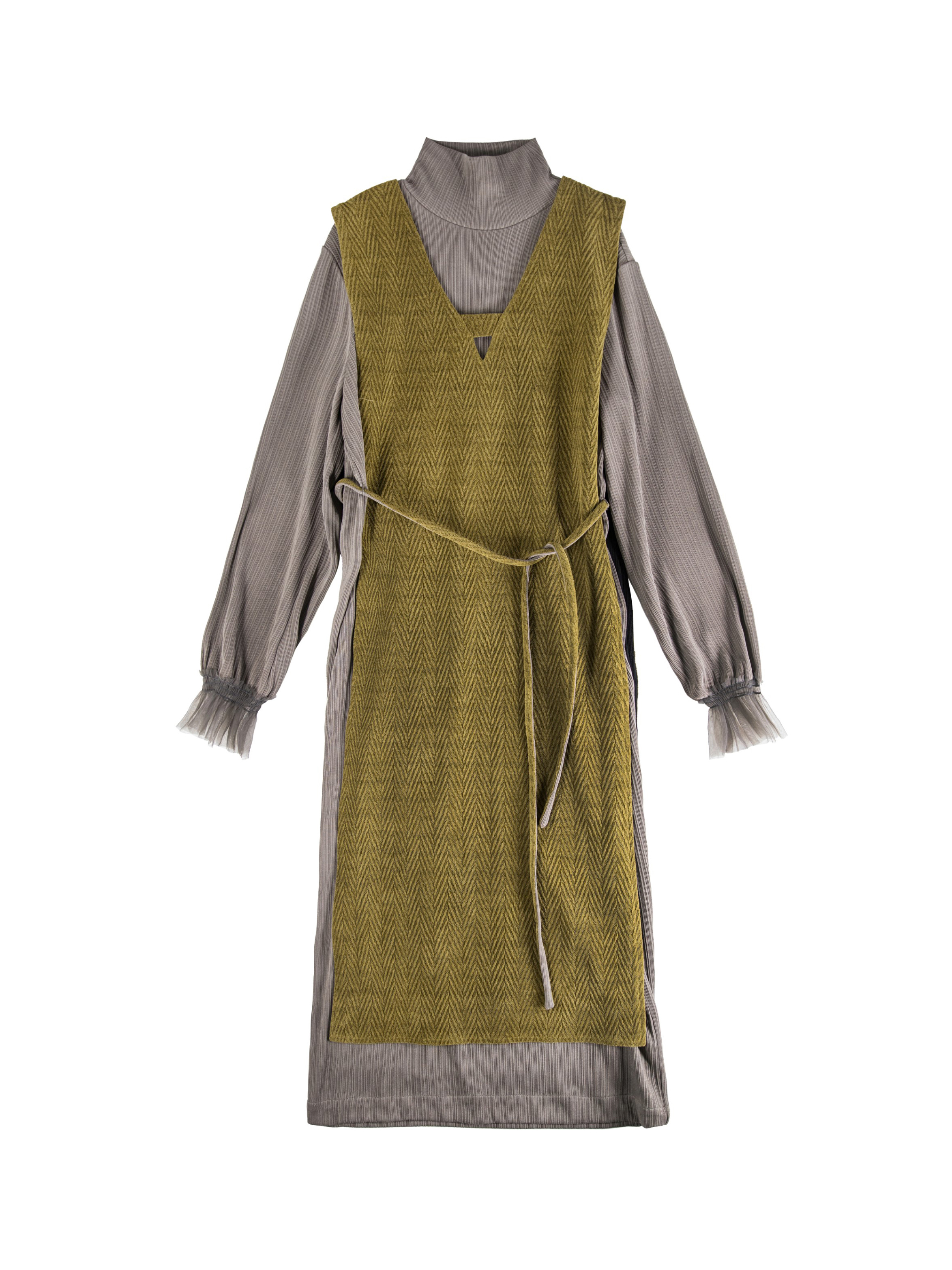 Layered Vest with Frilled Sleeve' Hem High Neck Dress - D267W