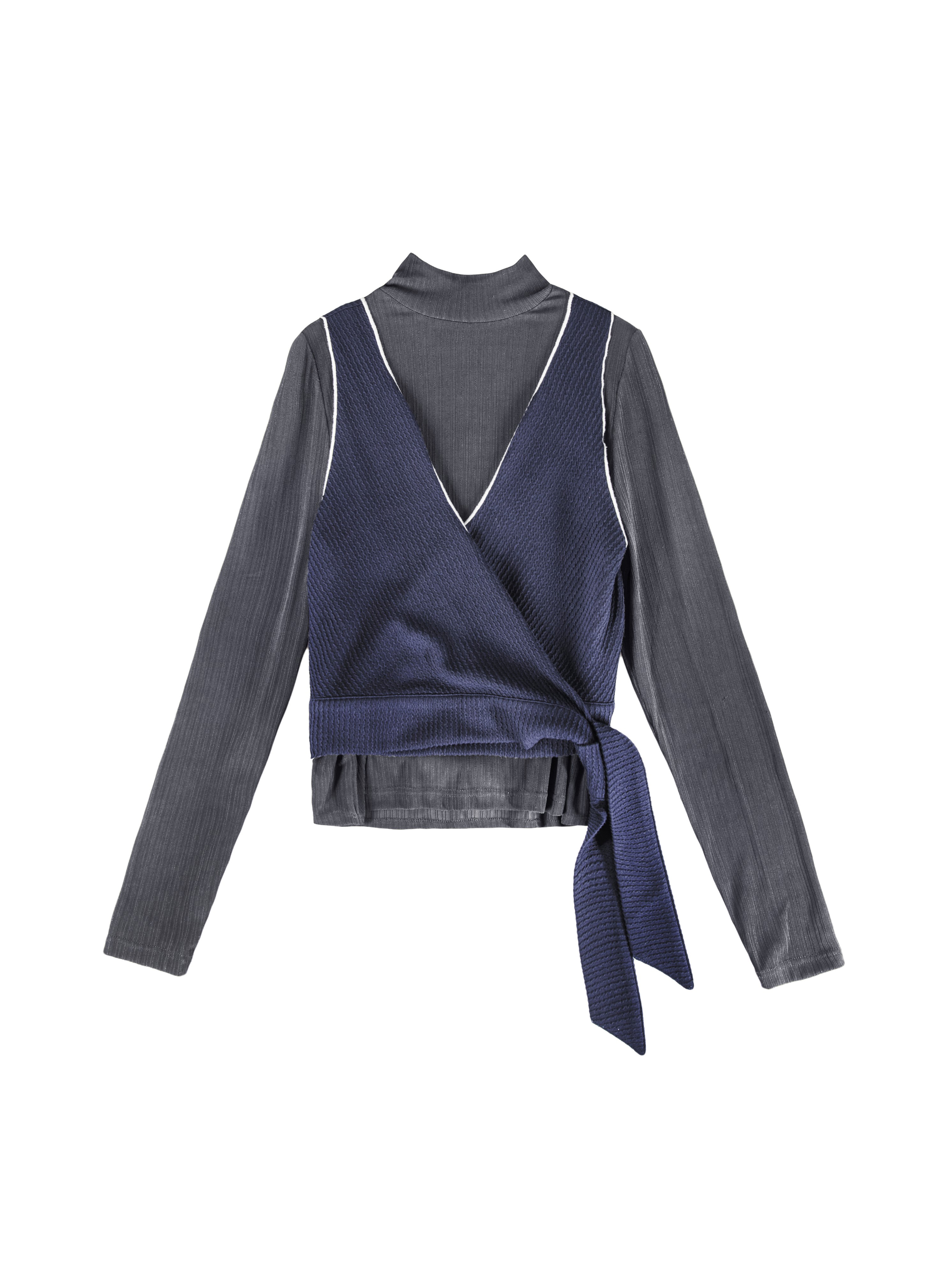 Wrapped Tied Knit Vest With High Neck knit Inner - T251A