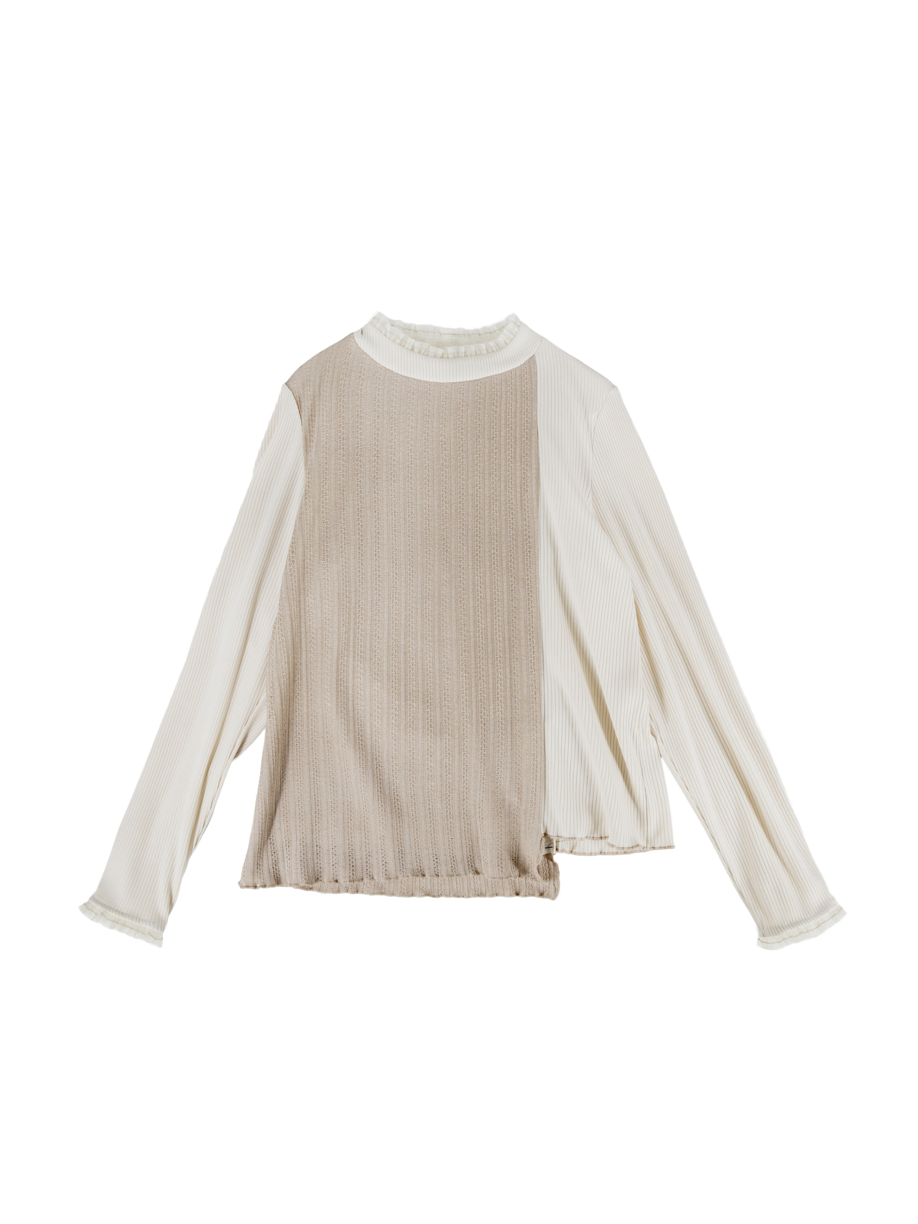 Frilled Mesh Details Patched Knit Top - T275E