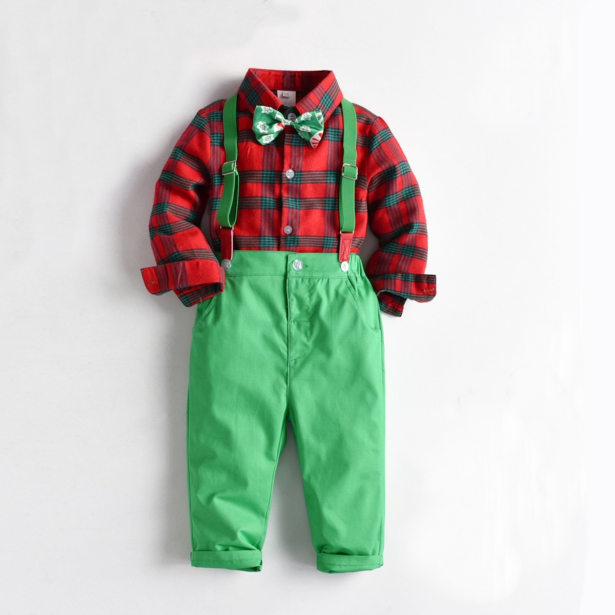 紅色格子大綠褲-春秋長袖紳士套裝四件套(75-110)