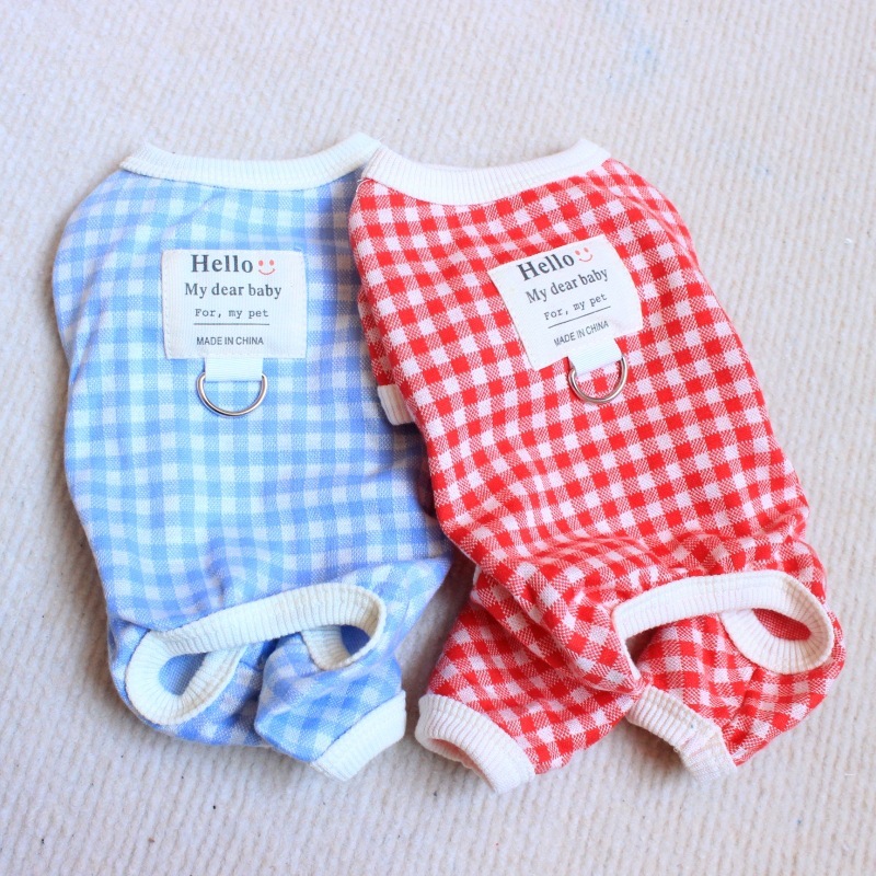 宠物衣服 牵引格子4脚家居服