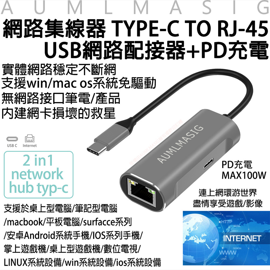 【AUMLMASIG全通碩】USB網路集線器TYPE-C TO RJ-45網路配接器+PD100W充電 採用台灣瑞昱科技晶片實體網路穩定不斷網 支援win/mac os系統免驅動 無網路接口筆電/產品 內建網卡損壞的救星