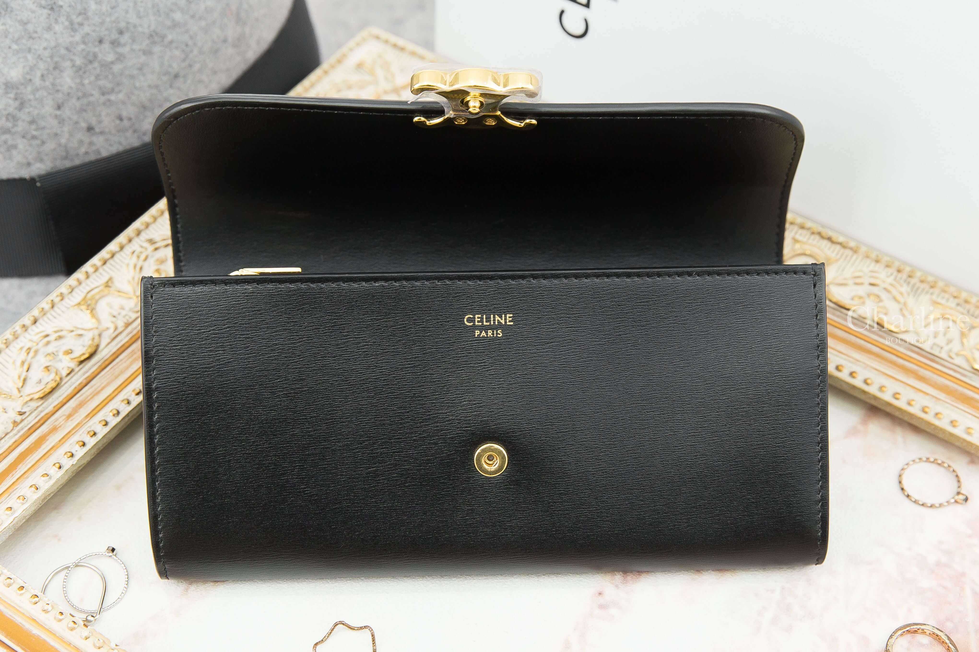 Celine Large Triomphe Wallet In Shiny Calfskin 黑色小牛皮凱旋門金扣長夾-Charline Boutique 精品代購