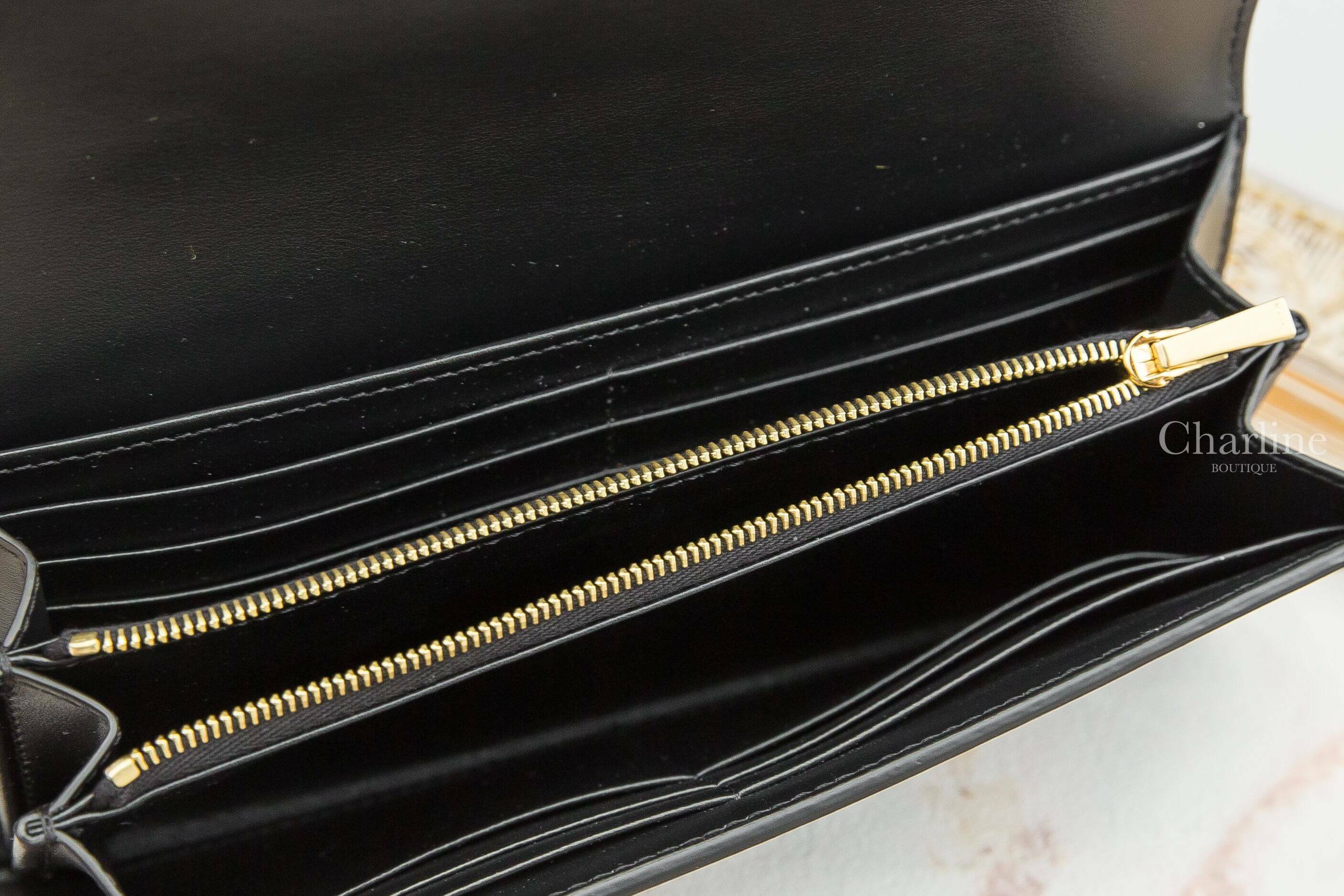 Celine Large Triomphe Wallet In Shiny Calfskin 黑色小牛皮凱旋門金扣長夾-Charline Boutique 精品代購