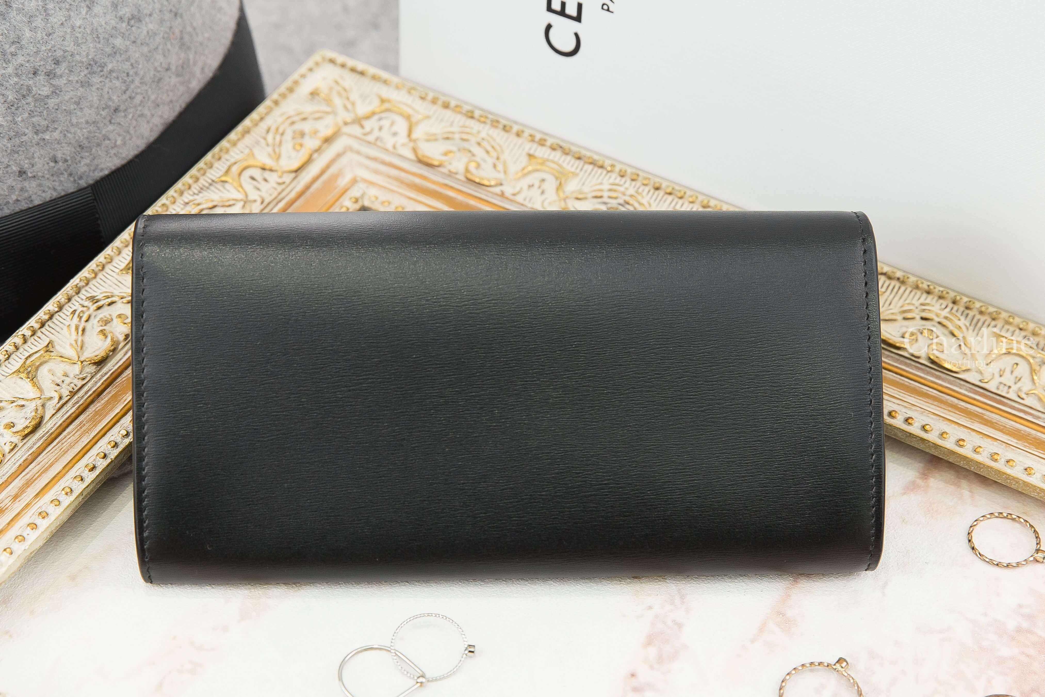 Celine Large Triomphe Wallet In Shiny Calfskin 黑色小牛皮凱旋門金扣長夾-Charline Boutique 精品代購