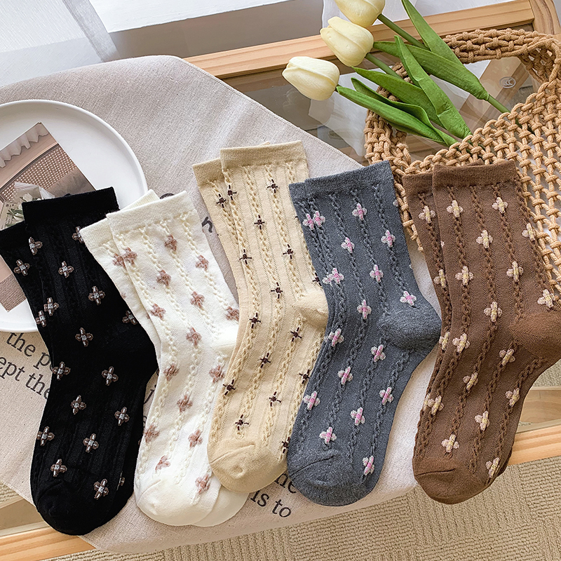 麻花紋小花中筒襪 五色