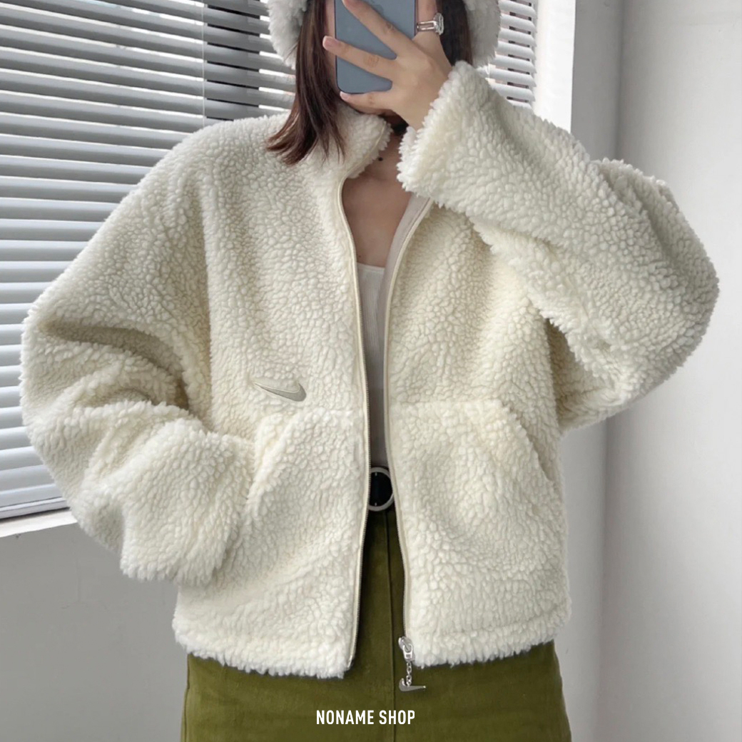 NIKE NSW 短版 羊羔毛 空心 大勾 毛毛外套 保暖外套 (女款)