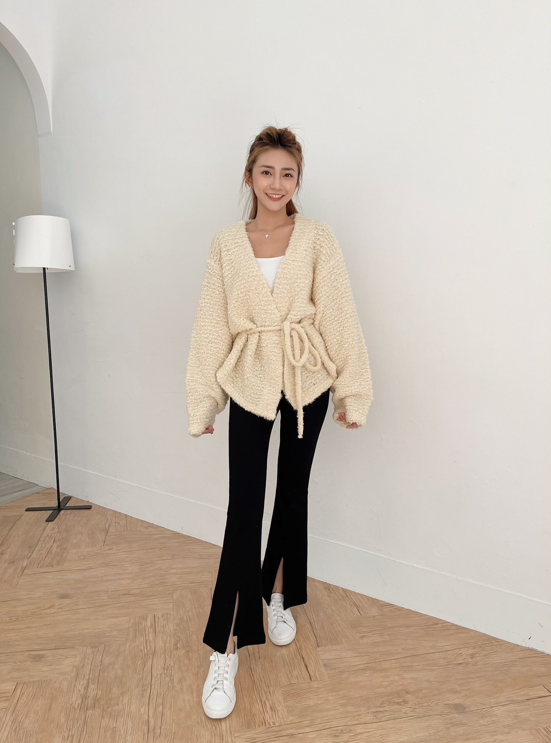 🔥12.07直播新品］💥闆娘穿去慶生被問翻］🇰🇷正韓超可愛爆米花固定式綁帶羊毛開襟外套（氣質杏色/兩色）