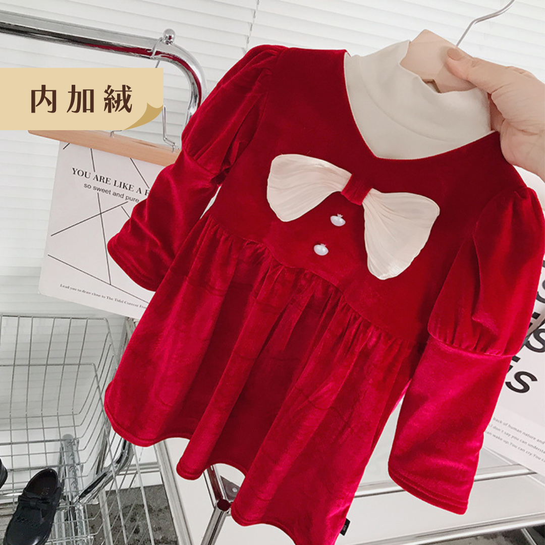 【限量】蝴蝶結公主袖-冬季雙面加絨洋裝(90-130)