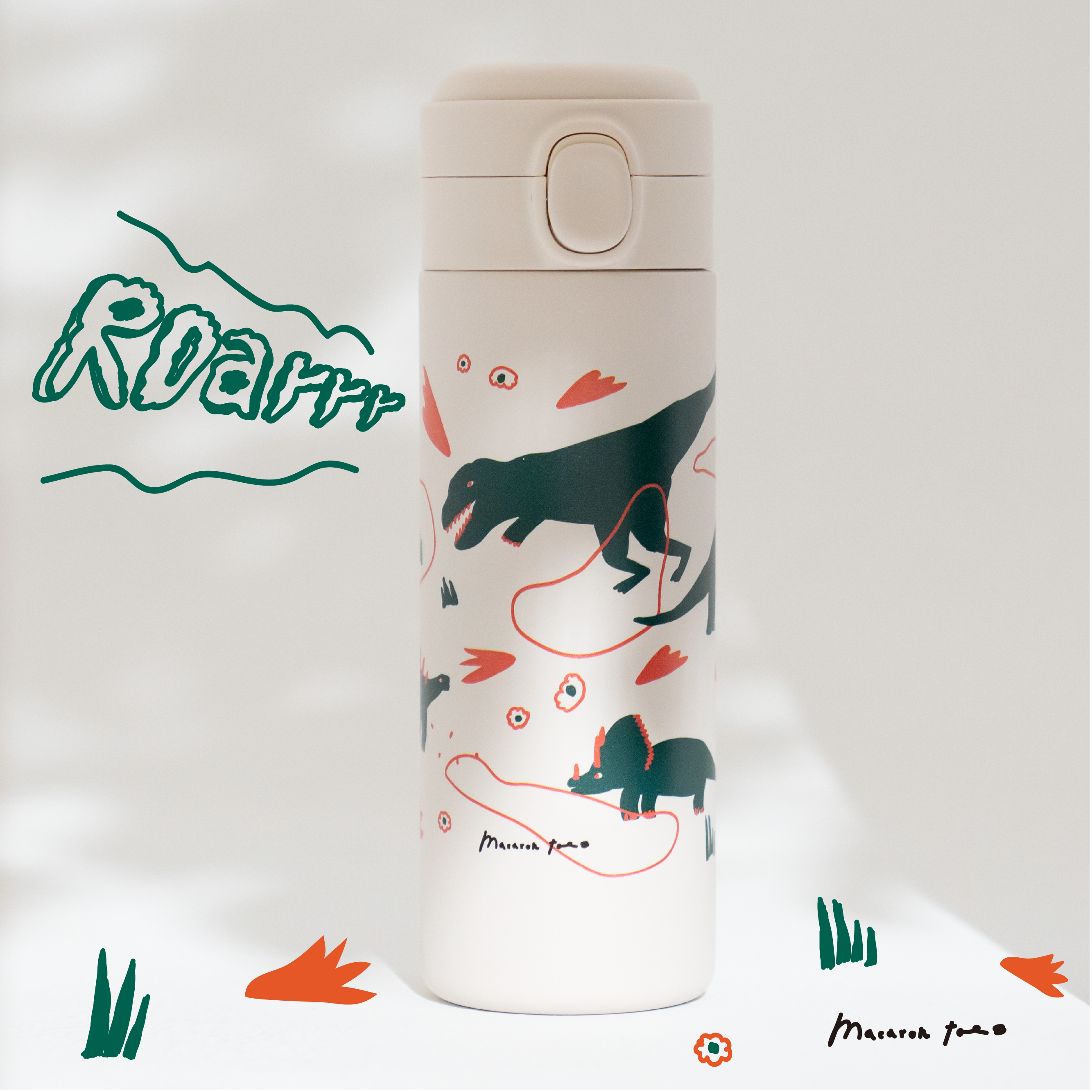 【馬卡龍腳趾x慢慢挑-侏羅紀公園】彈蓋內鈦陶瓷聯名保溫杯，超輕450ML|白色（可裝咖啡、奶茶）