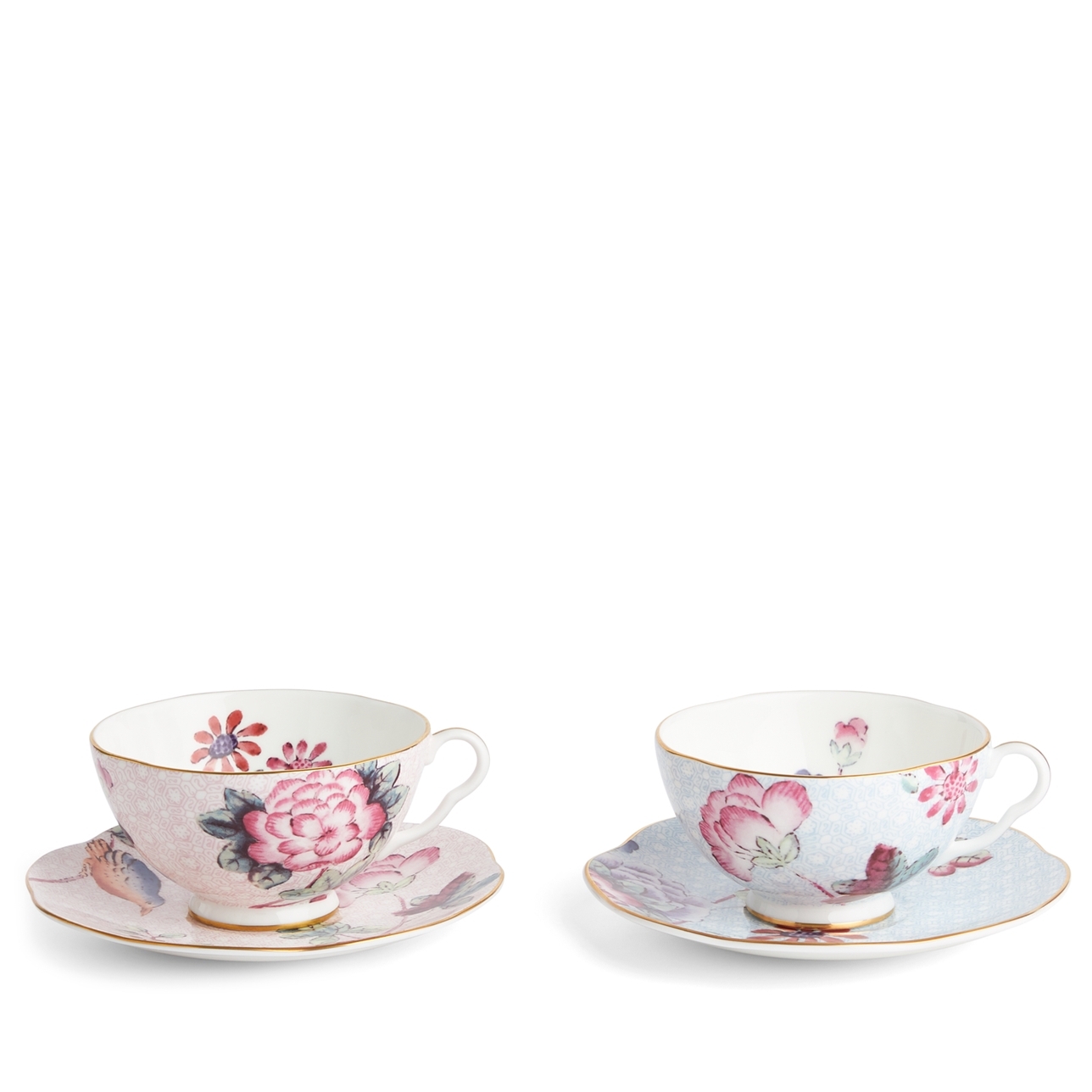 Wedgwood Cuckoo Pink & Blue Teacup & Saucer, Set of 2