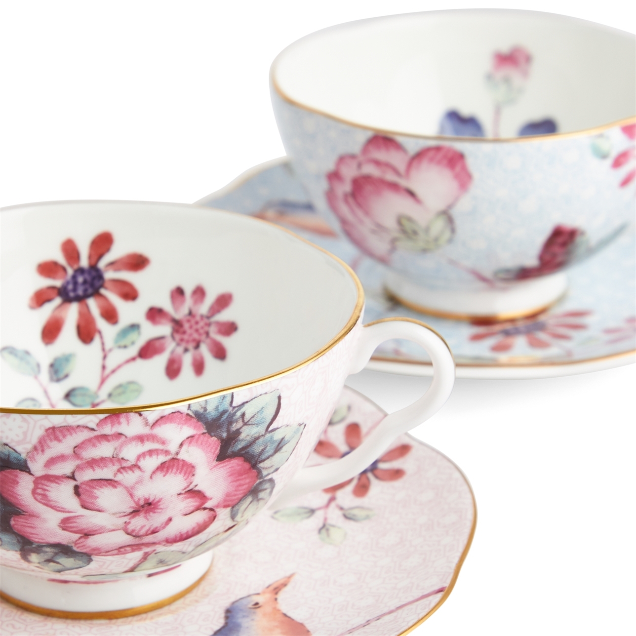 Wedgwood Cuckoo Pink & Blue Teacup & Saucer, Set of 2