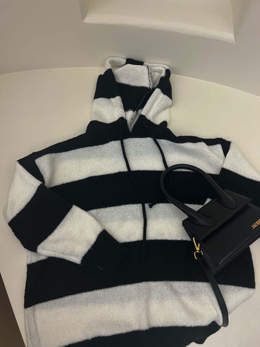 M063 連帽條紋撞色針織上衣