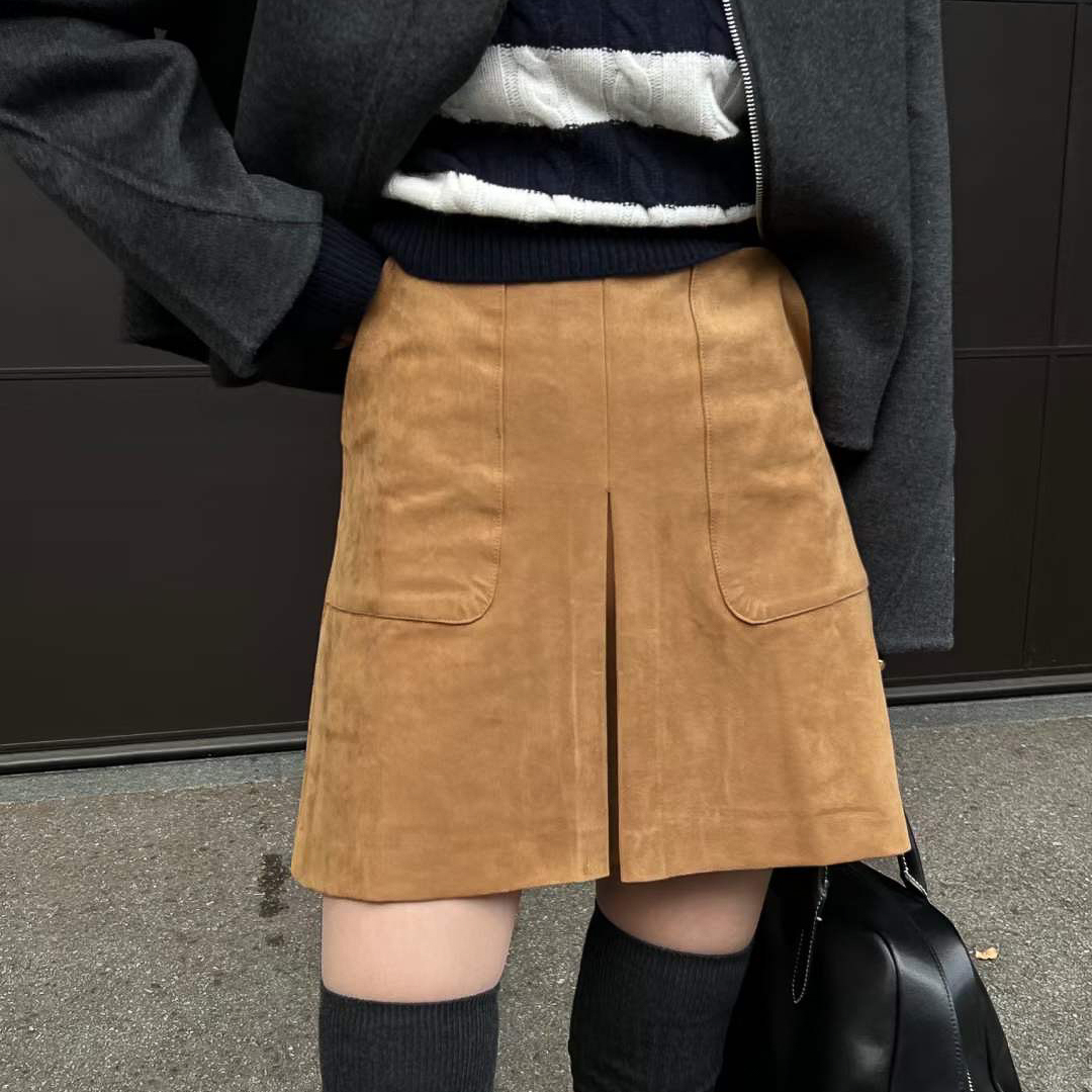雙口袋麂皮A字短裙(焦糖/版偏大M)小瑕疵