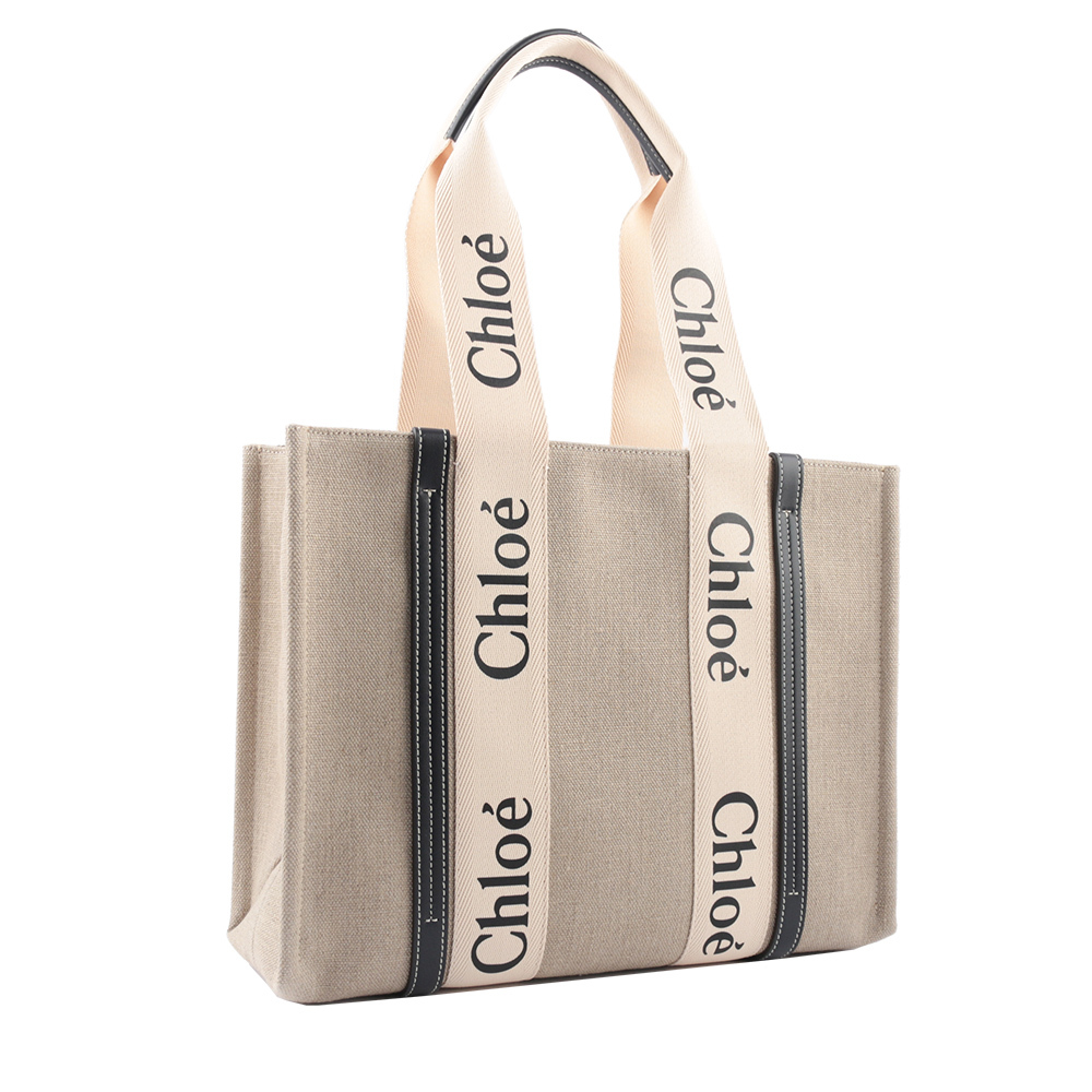 【Chloé】Woody 亞麻帆布拼牛皮托特包(中款)