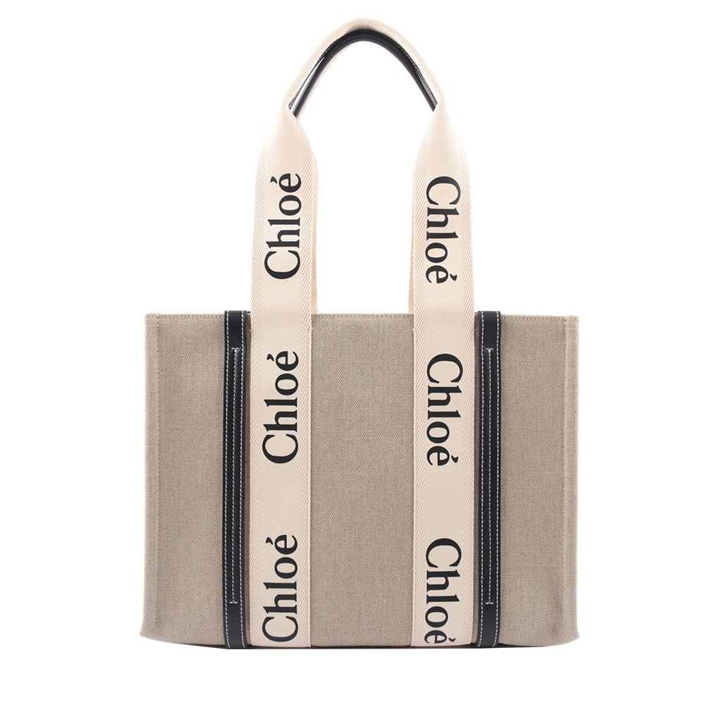 【CHLOE'】Woody 亞麻帆布拼牛皮托特包(中款)(藍色)
