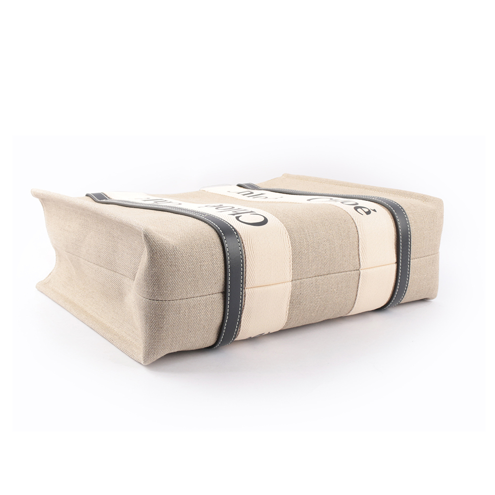 【CHLOE'】Woody 亞麻帆布拼牛皮托特包(中款)(藍色)