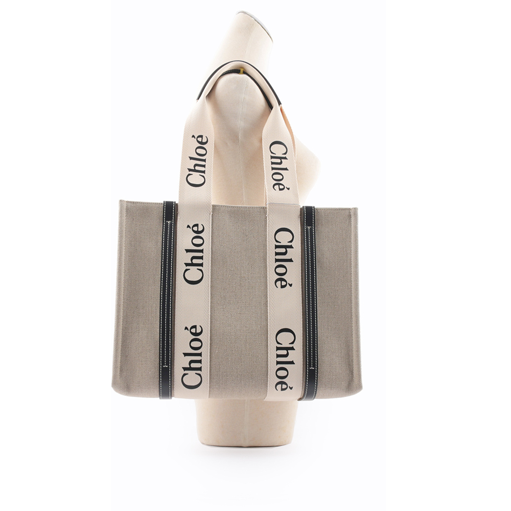 【CHLOE'】Woody 亞麻帆布拼牛皮托特包(中款)(藍色)