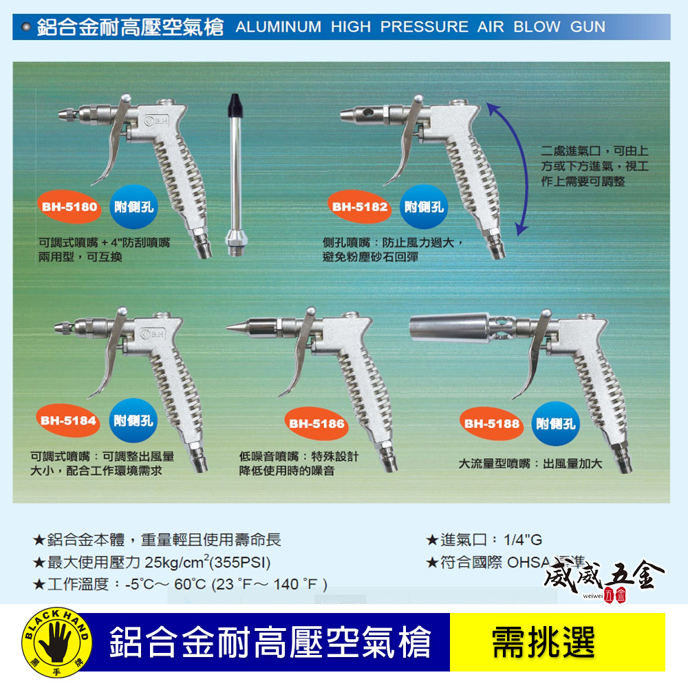 台灣製 BLACK HAND 黑手牌｜鋁合金耐高壓空氣槍 大流量 氣動風槍｜BH-5180 5182 5184 5186 5188