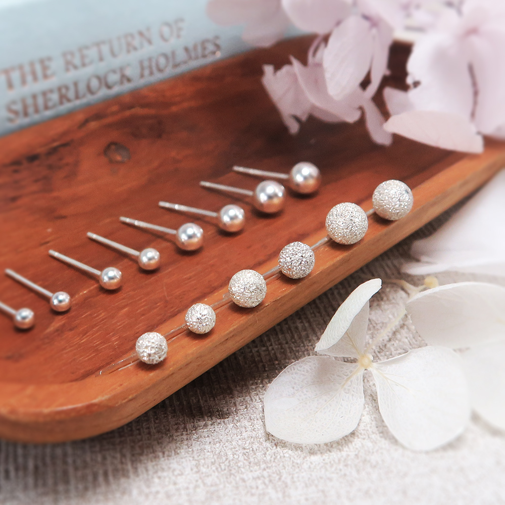 極簡銀珠耳環 霧砂質感圓珠 925純銀針式耳環