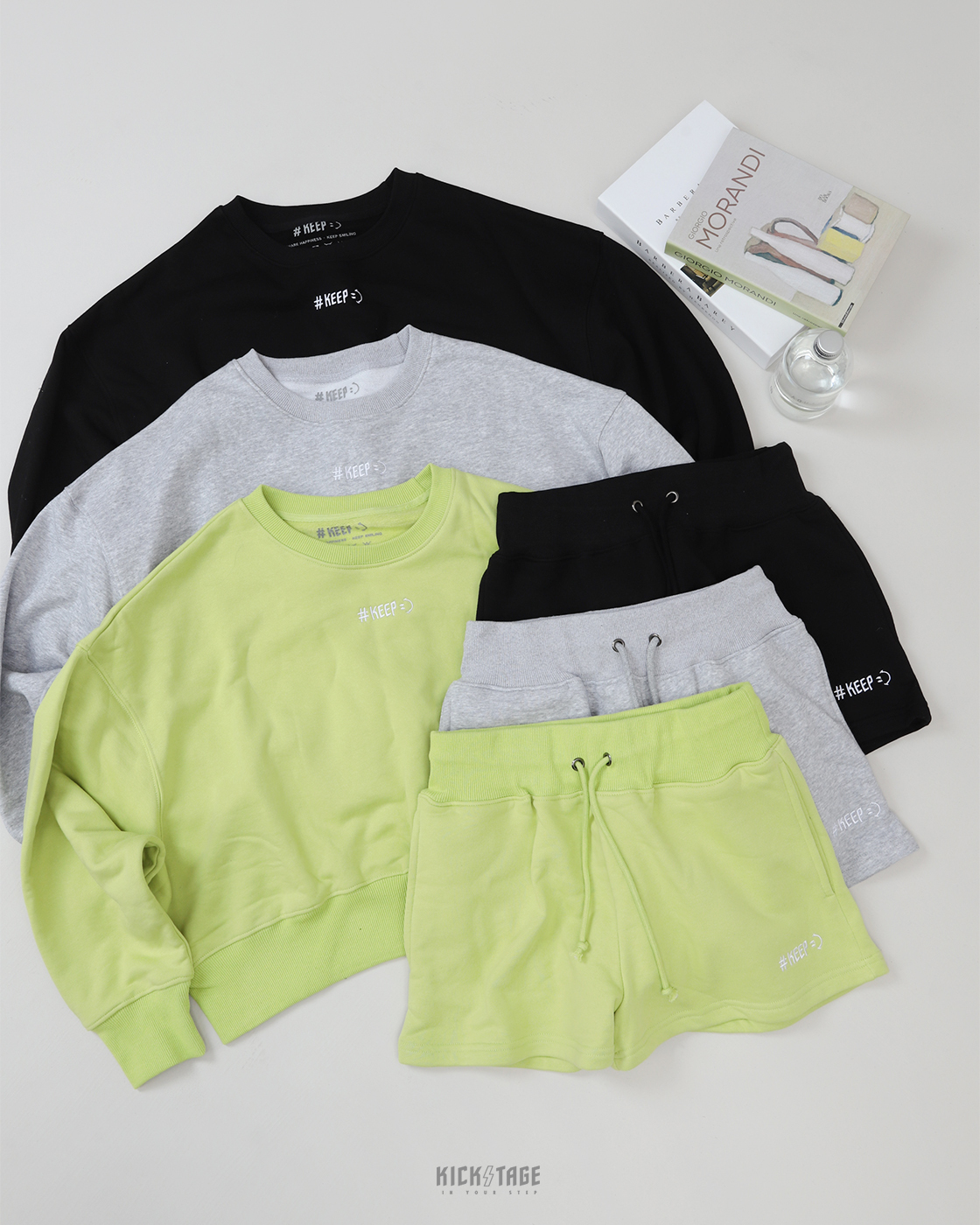 [特價售出無退換] #KEEP LS SUIT 黑色 灰色 果綠色 閃電微笑 內刷毛 居家 寬版棉質套裝 (衛衣+抽繩短褲)【KS146】