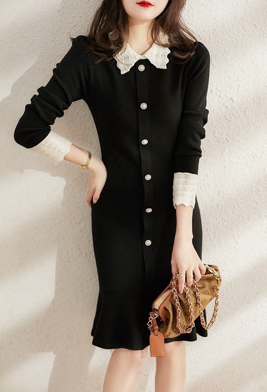 緹花領袖針織洋裝 黑色