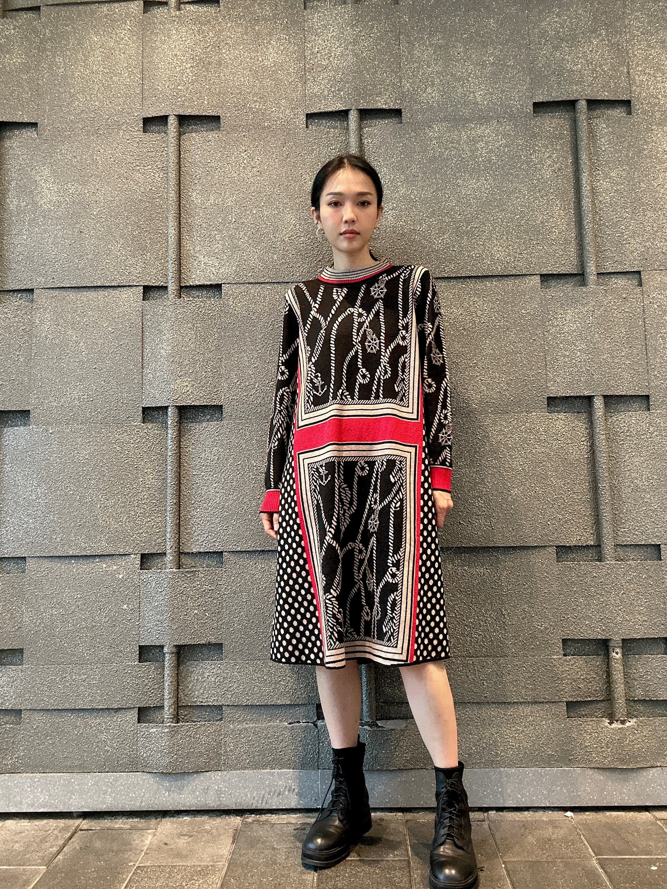 復古繩波點紅邊針織連身裙