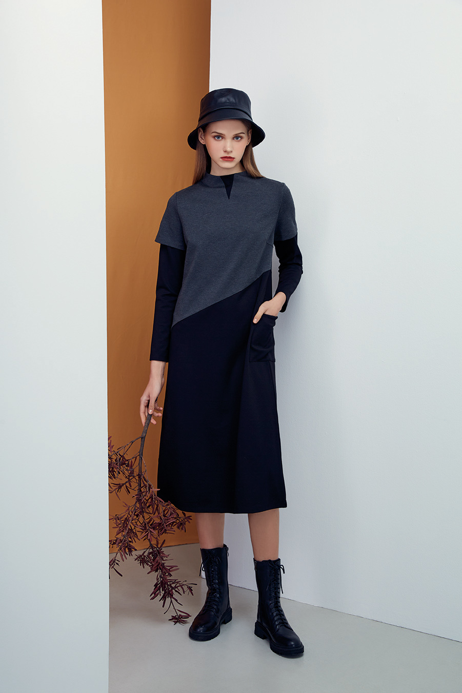 時尚配色個性剪裁假兩件式長洋裝R6631