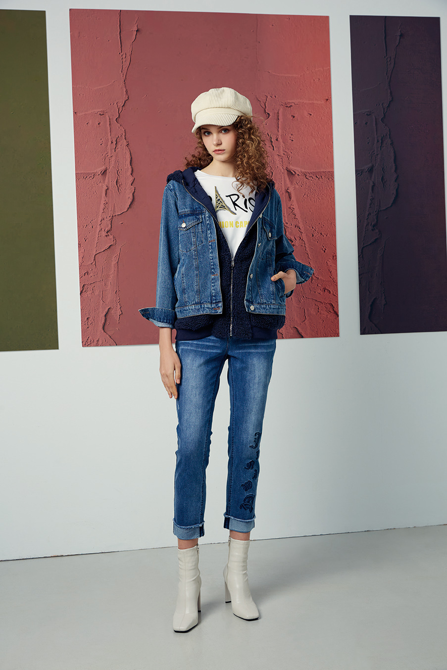 異材拼接珍珠毛帽造型牛仔外套R6671