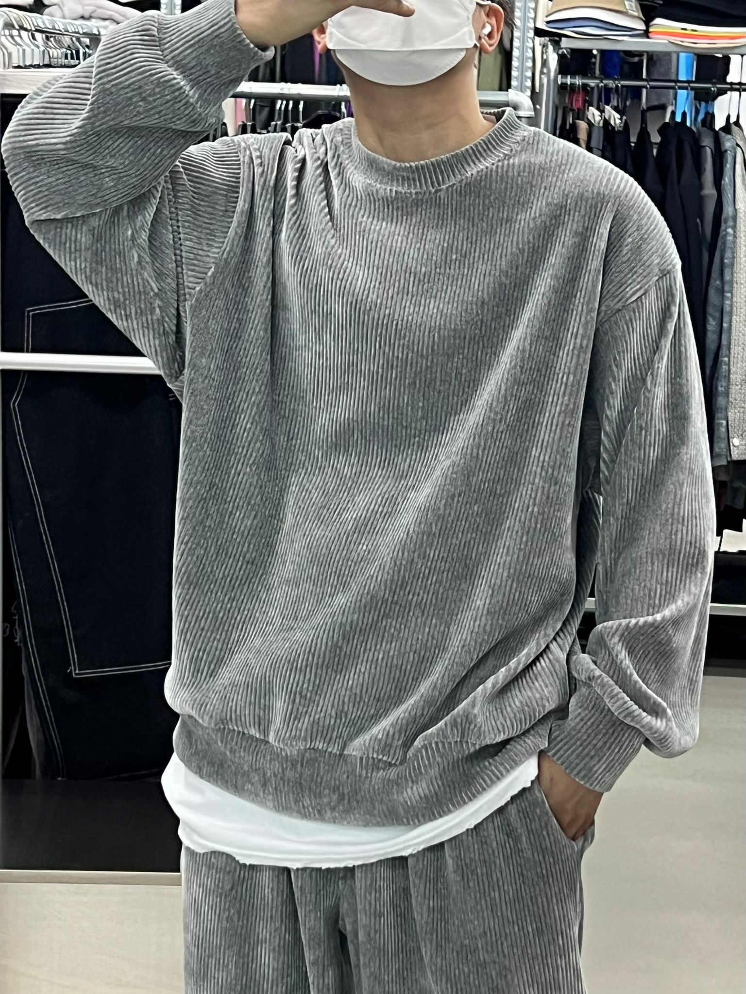 淨色薄絲絨暗直紋衛衣 T4305