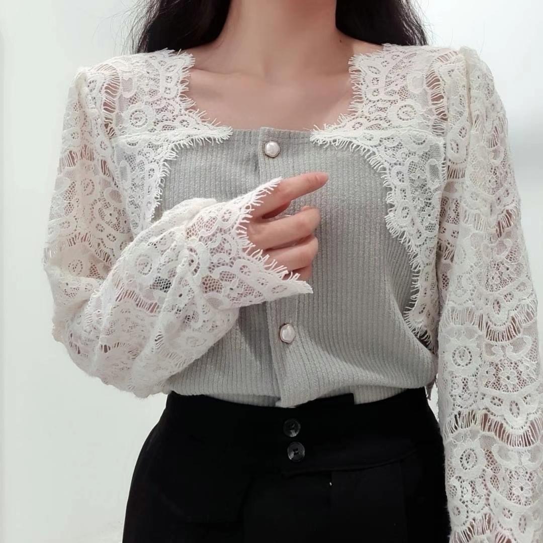 韓國連線-性感蕾絲針織上衣