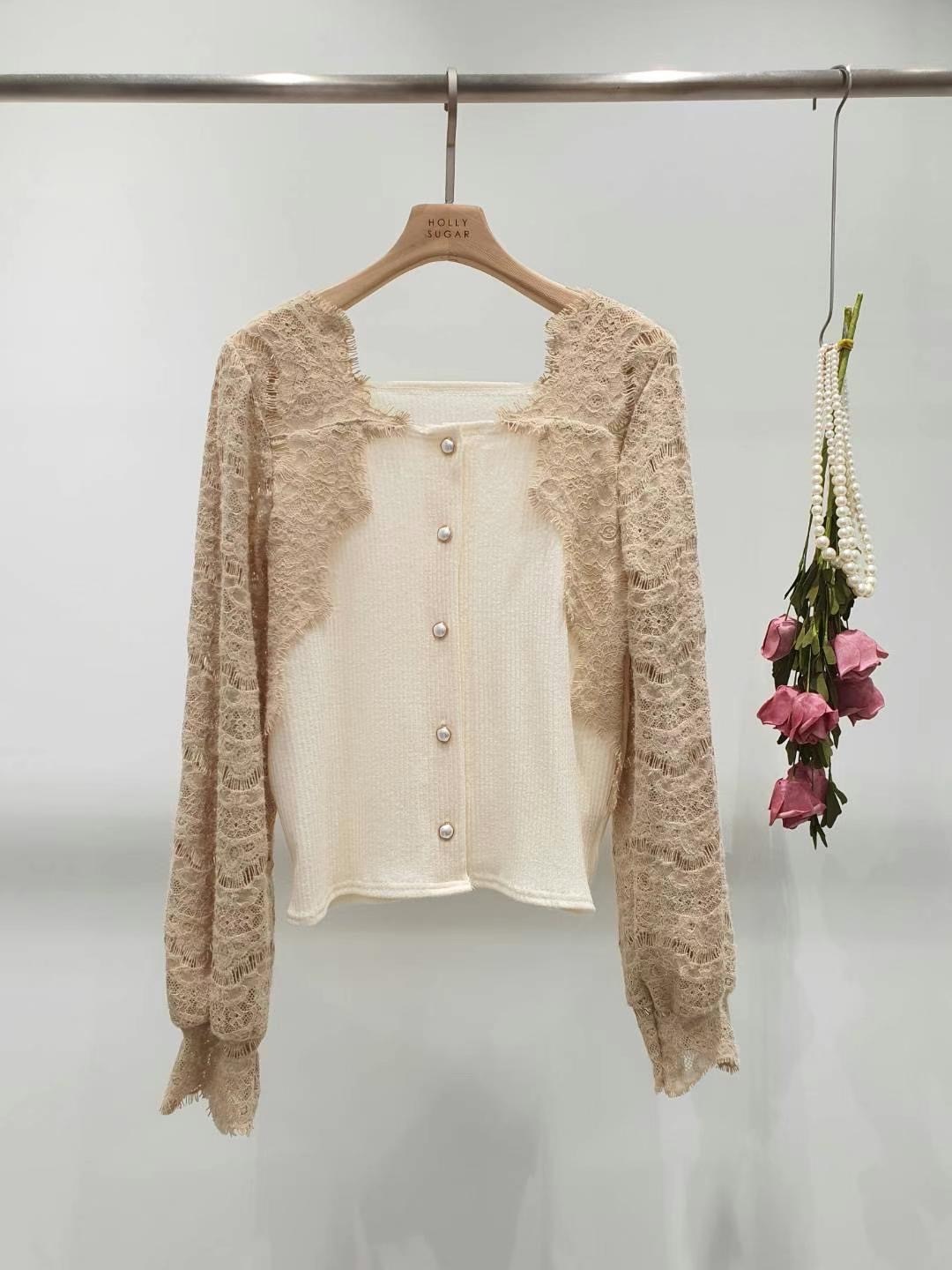 韓國連線-性感蕾絲針織上衣