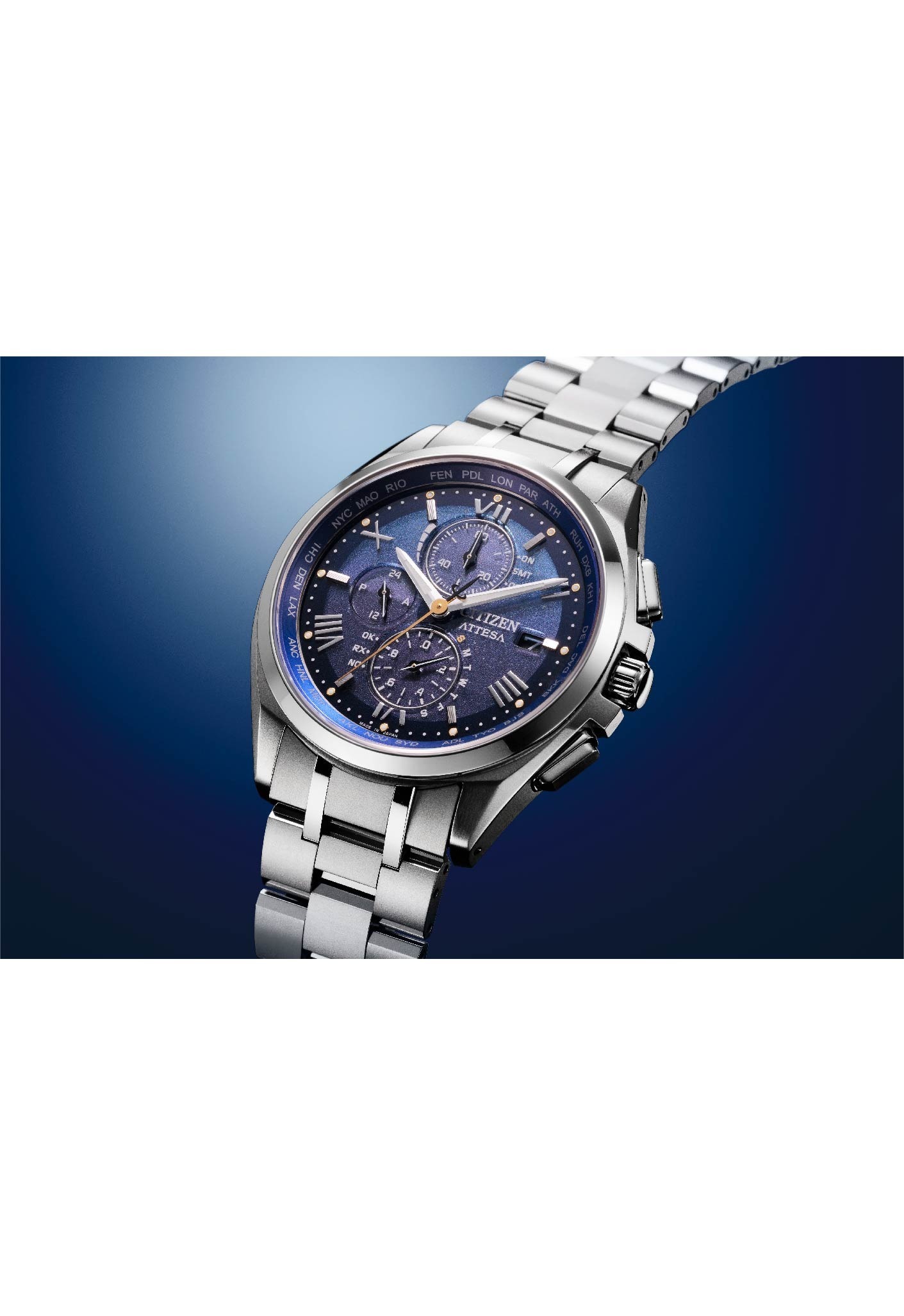 萬年鐘錶 - Citizen 星辰錶   星空藍鈦金屬世界時間電波對時男錶AT8240-74L  錶徑41.5MM