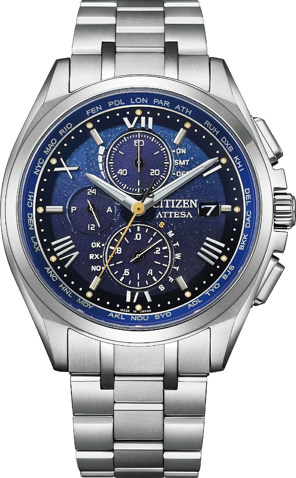 萬年鐘錶 - Citizen 星辰錶   星空藍鈦金屬世界時間電波對時男錶AT8240-74L  錶徑41.5MM