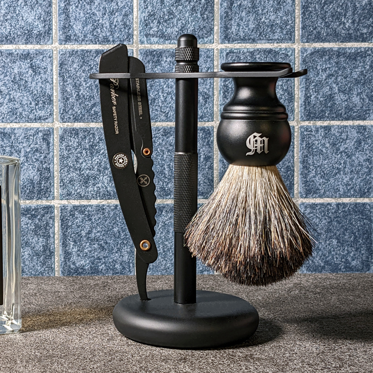 美國 Parker - SRXBLK 直式剃刀 刮鬍修容組（可換刀片 / 剃刀＋刮鬍刷＋收納架）