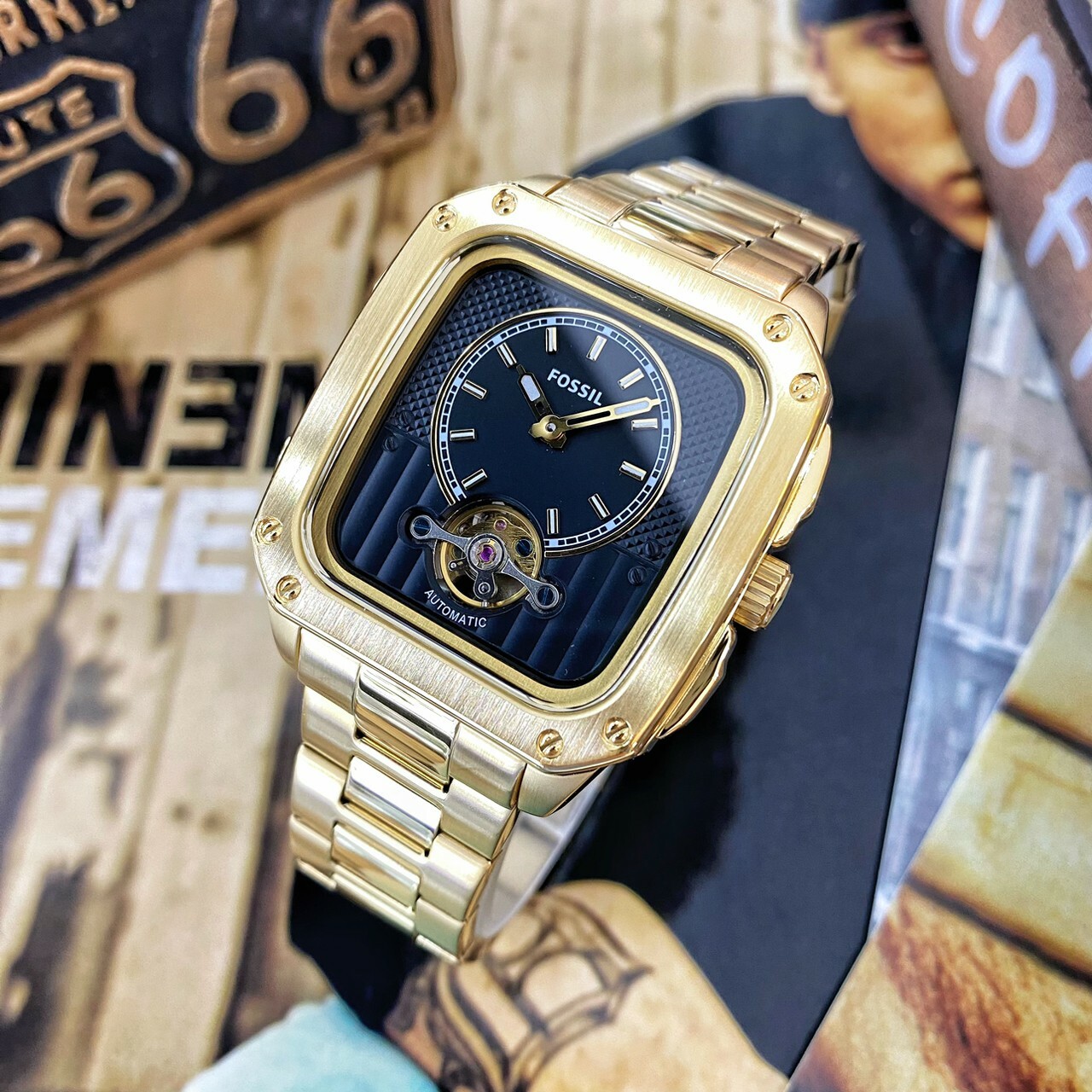 Fossil】Inscription 潮流金復古方型機械錶ME3239 42mm 現代鐘錶