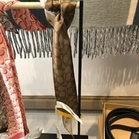 [S] COACH CC575 SIGNATURE CHICK PRINT SILK SKINNY SCARF, LIGHT KHAKI, 195031619007 (SCO156)