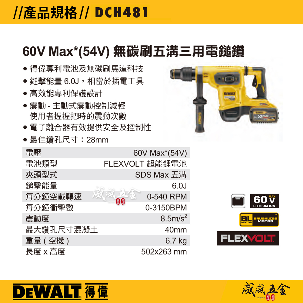 DEWALT 美國 得偉｜60V 無碳刷五溝電鎚鑽 無刷電鎚鑽 充電五溝電鑽｜單機身-空機｜DCH481｜公司貨