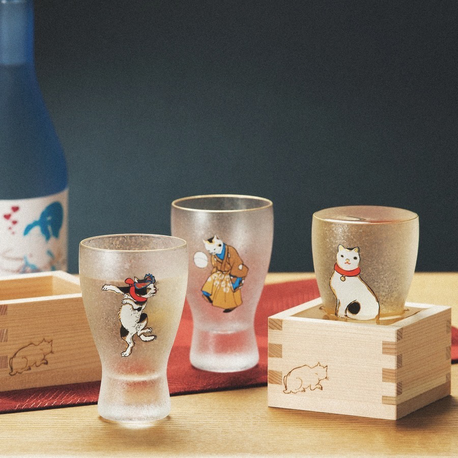 ADERIA 歌川國芳 江戶貓清酒杯 - 附木枡 - ╭ 3入 ╮