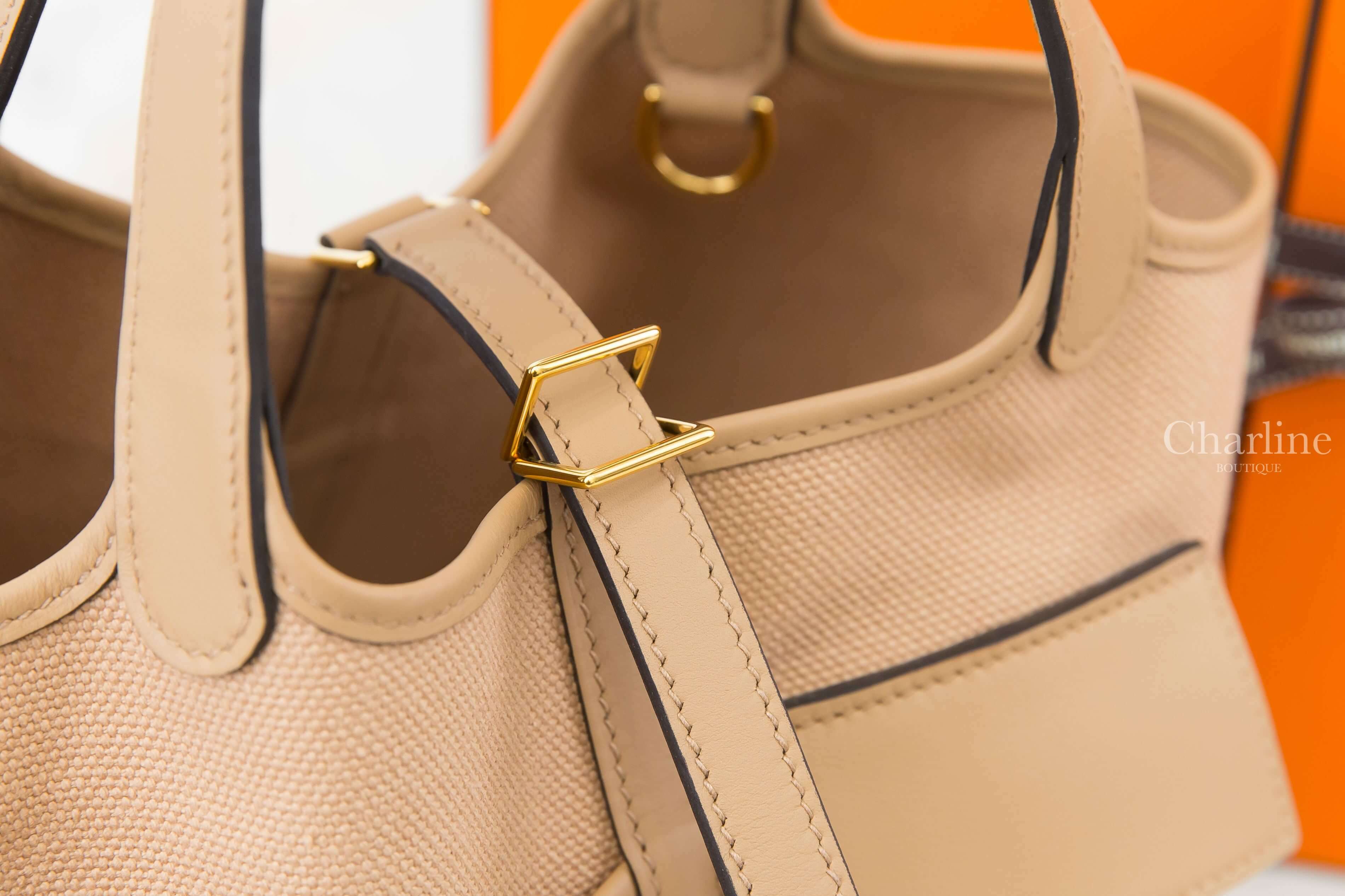 Hermès Picotin Lock 18 Pocket Bag 0M Chai Goeland Canvas / Swift 馬薩拉茶色帆布拼小牛皮金釦小型提把水桶包