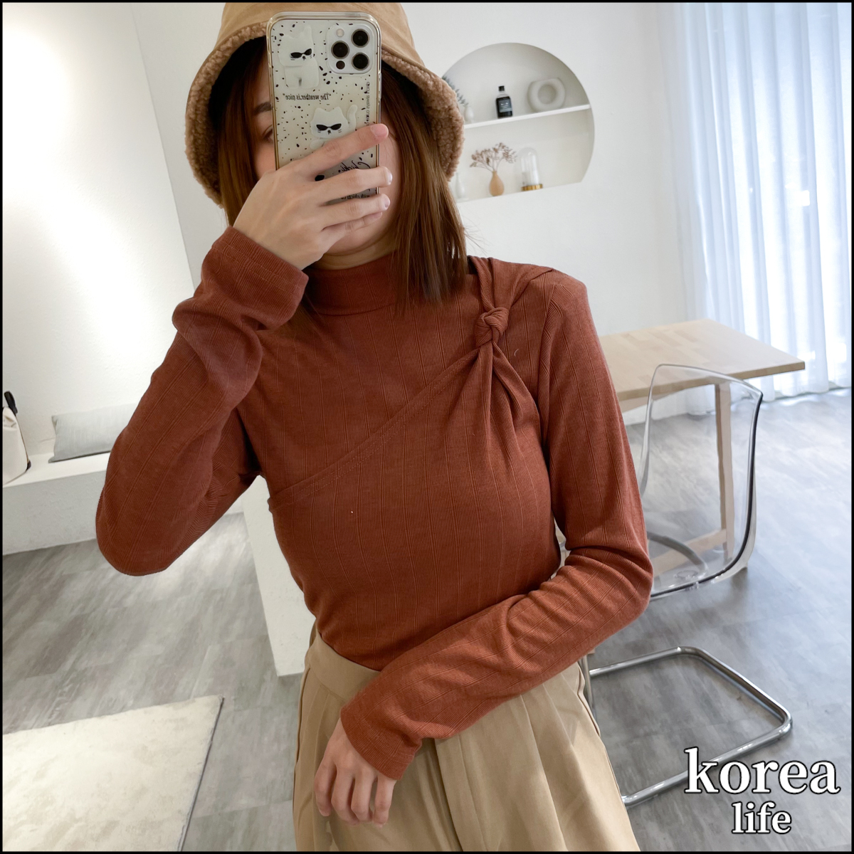 編號31|korea|百搭款!前扭結造型半高領內搭(磚橘色)