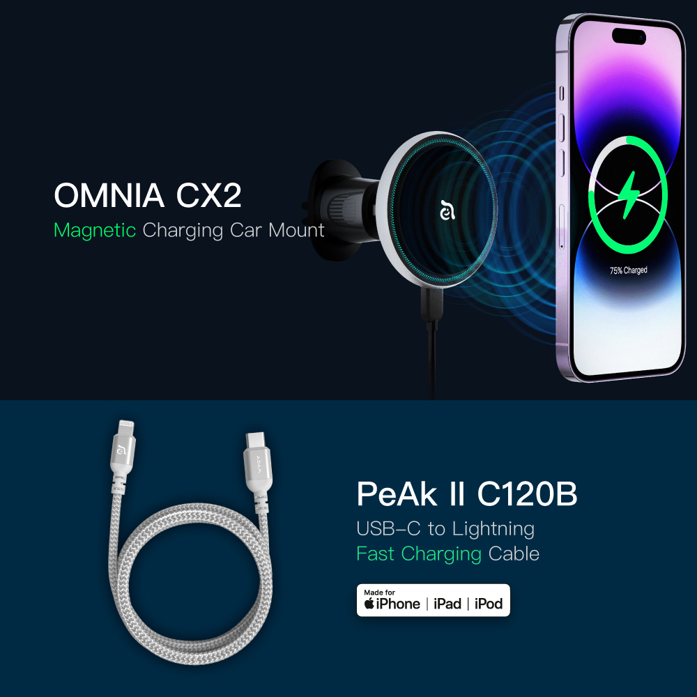 【New Arrival】OMNIA CX2 Magnetic Charging Car Mount ＋ PeAk II C120B USB-C to Lightning Cable (1.2M)